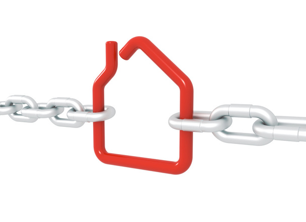 Símbolo da casa vermelha bloqueado com correntes metálicas
  - Foto, Imagem