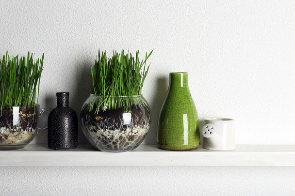 Green grass in transparent pots - Foto, afbeelding
