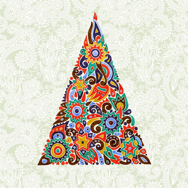 Marker drawing christmas tree in ornate background - Vektor, obrázek