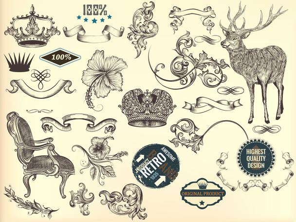 Set of hand drawn elements in vintage style - Vector, Image