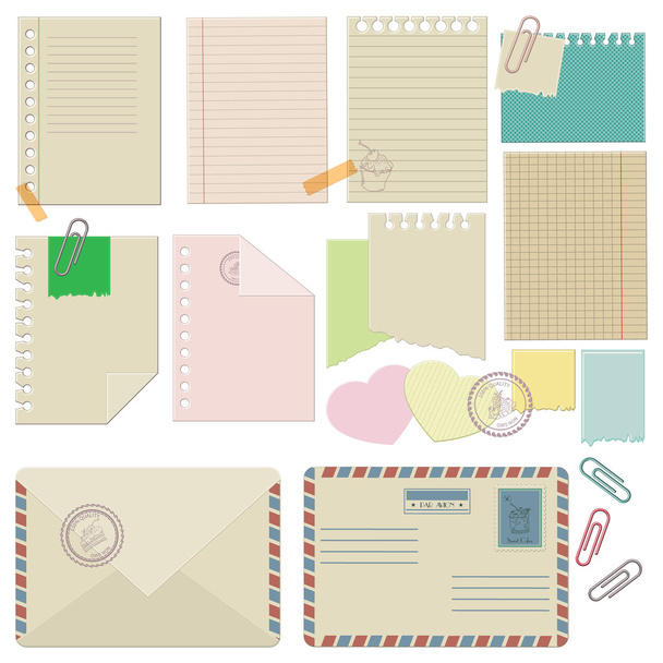 Vector set of paper, envelopes, paper clips kantsilyarskie.  - Διάνυσμα, εικόνα