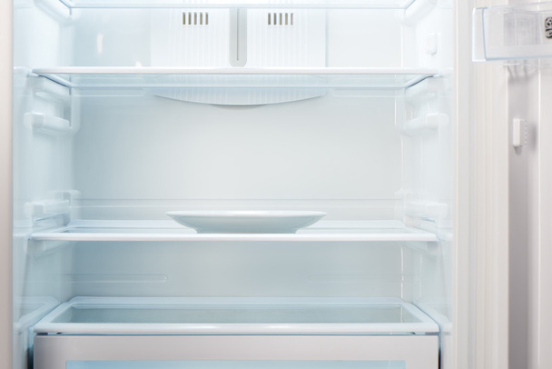 Empty white plate in open empty refrigerator - Foto, afbeelding