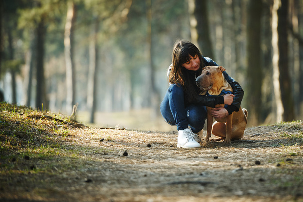 girl with dog in the park - 写真・画像