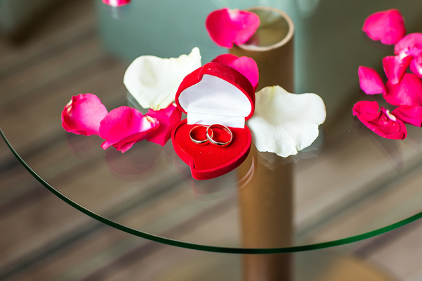  anillos de boda en los pétalos de rosa
 - Foto, Imagen