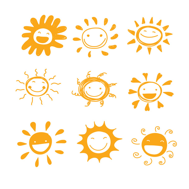 Sonne Lächeln Vielfalt Hand gezeichnet niedlich Set Vektor für dekoriert oder  - Vektor, Bild