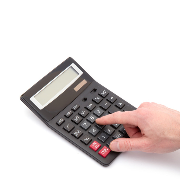 Calculator with hand on white - Foto, Bild