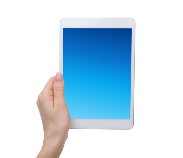 female hands holding a tablet touch computer gadget with isolated screen - Foto, Imagen