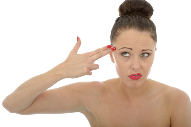 Young Caucasian Woman Gesturing As If Holding A Gun To Her Head - Photo, Image