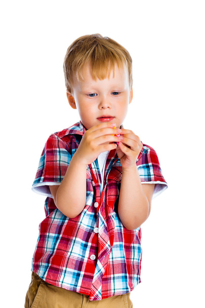 little boy stands and examines small toy - Photo, image