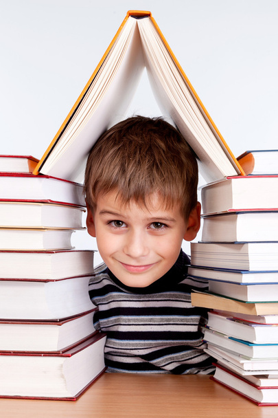 Schoolboy and a heap of books - Fotoğraf, Görsel
