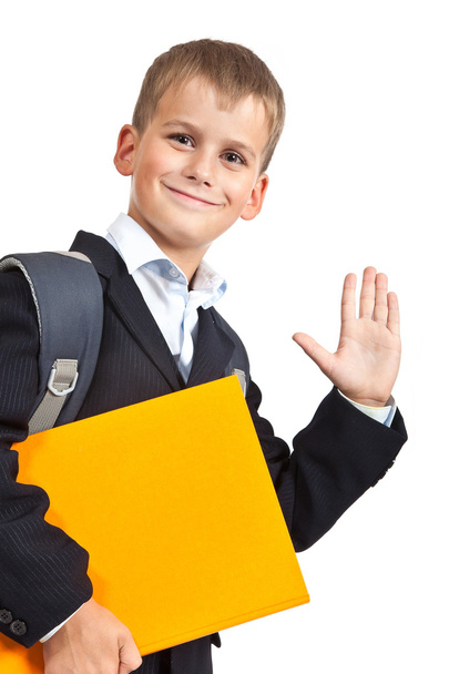 Schoolboy with orange book - Φωτογραφία, εικόνα