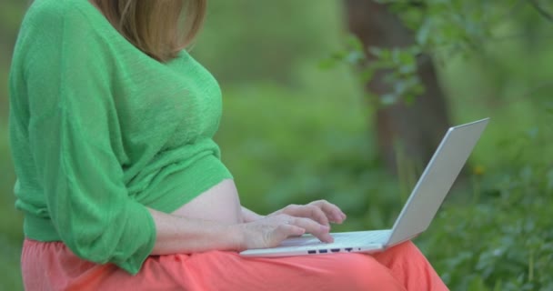 Kobieta w ciąży z laptopem na kolanach - Materiał filmowy, wideo