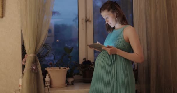 Pregnant woman using pad and embracing belly - Footage, Video