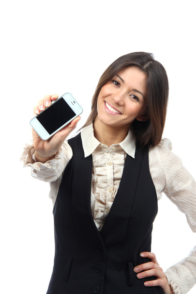 Woman Showing display of her new touch mobile cell phone - Foto, immagini