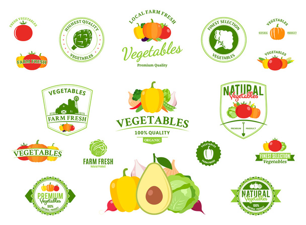 Овочі Логотипи, етикетки, Овочеві значки та елементи дизайну
 - Вектор, зображення