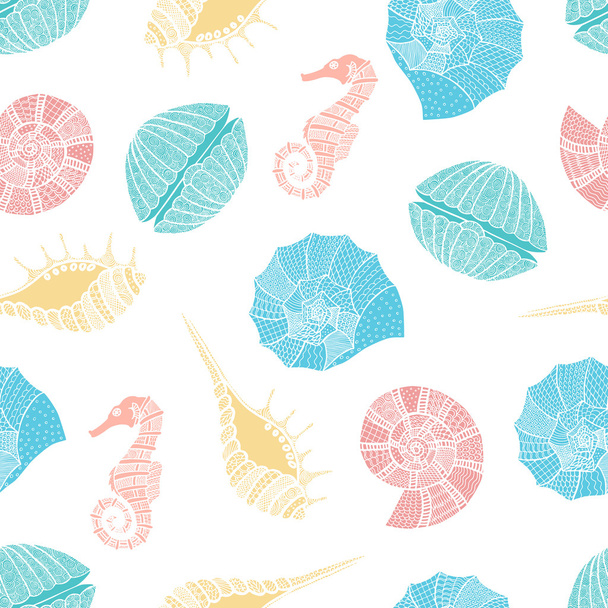 Seamless pattern of seashells and seahorses. - Vektor, kép