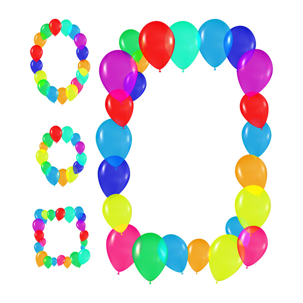 runde, ovale, quadratische Rahmen aus bunten Luftballons im Stil des Realismus. zum Gestalten von Karten, Geburtstagen, Hochzeiten, Festen, Feiertagen, Einladungen auf weißem Hintergrund - Vektor, Bild