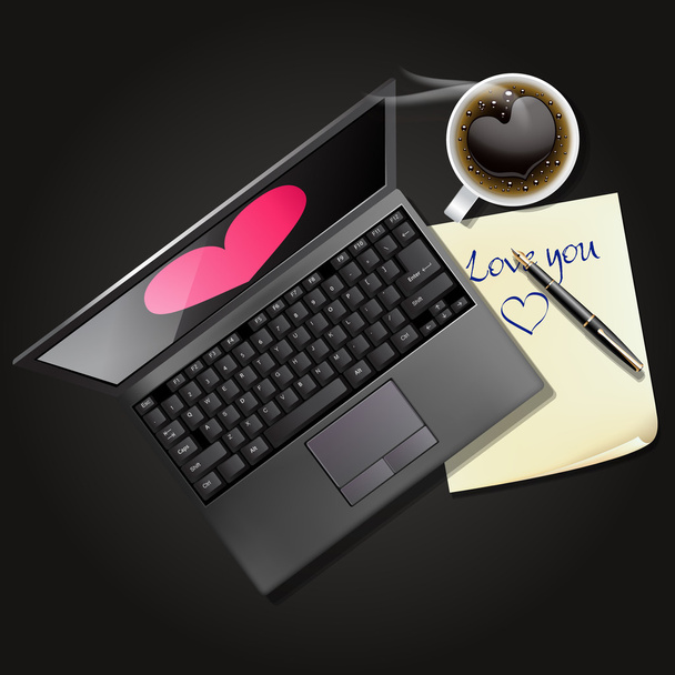 Laptop und Notizpapier mit schwarzem Kaffee - Vektor, Bild