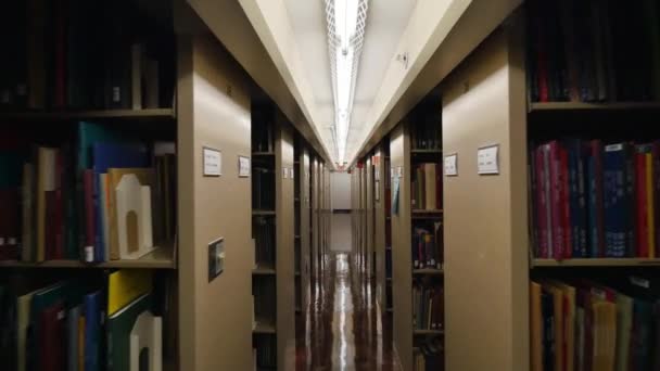 Oogpunt wandelen door de stapels van een grote Universiteitsbibliotheek. - Video