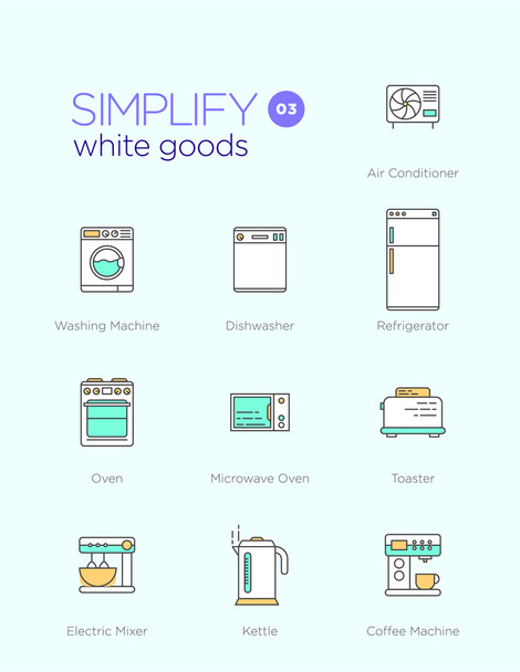 Icone della linea con elementi di design piatti degli elettrodomestici bianchi
 - Foto, immagini