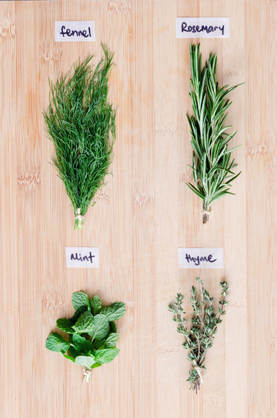 fresh herbs with names on wooden board - Photo, Image