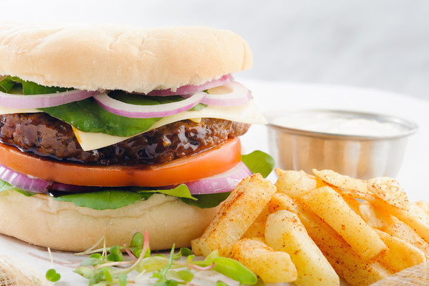 hamburger, sült burgonyával - Fotó, kép