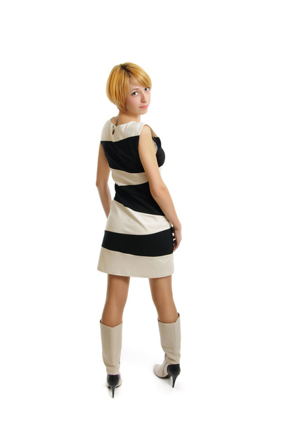 Attractive young student woman in black and white dress with yel - Фото, изображение
