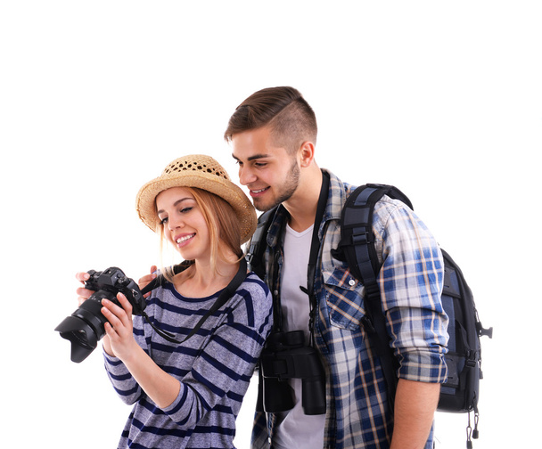 Pair of travelers with camera isolated on white - Foto, imagen