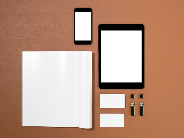 Open magazine, tablet, business cards cover with blank white page mockup  on leather substrate - Foto, Imagem