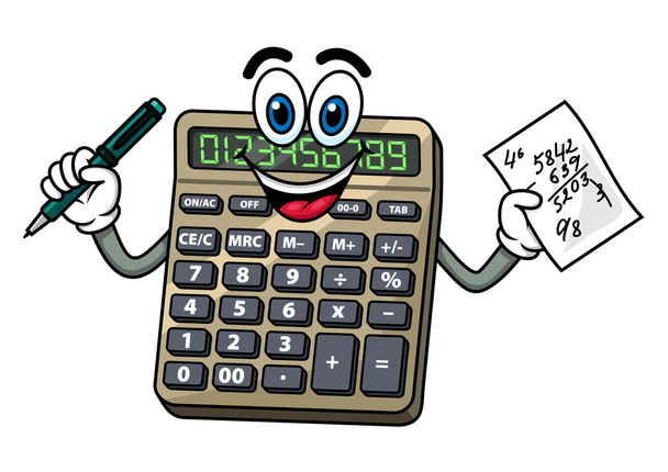 Cartoon calculator with pen and note - Vektor, obrázek