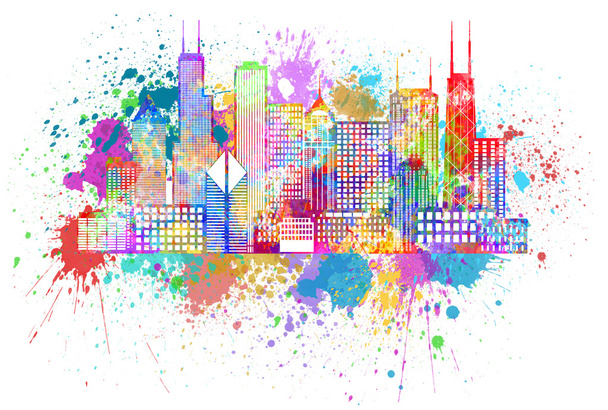 Chicago City Skyline Paint Splatter Color Illustration - Photo, Image