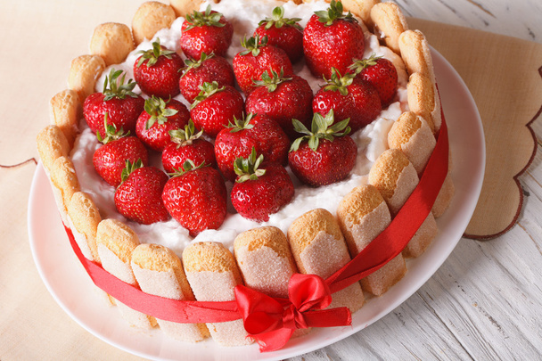 Delicate dessert strawberry cake closeup on the table. horizonta - Photo, Image