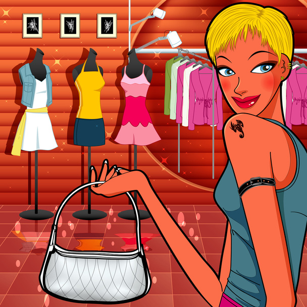 Мальчишеская девушка покупки в магазине платьев
 - Вектор,изображение