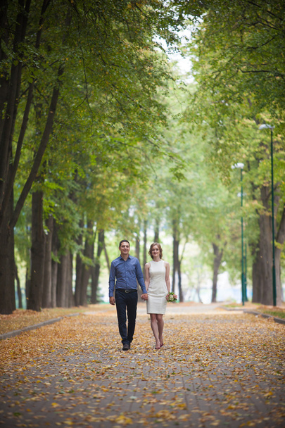 μια ιστορία αγάπης, ένας νεαρός άνδρας και γυναίκα αγάπη μεταξύ τους, να περπατούν στο πάρκο, φιλί και αγκαλιά - Φωτογραφία, εικόνα