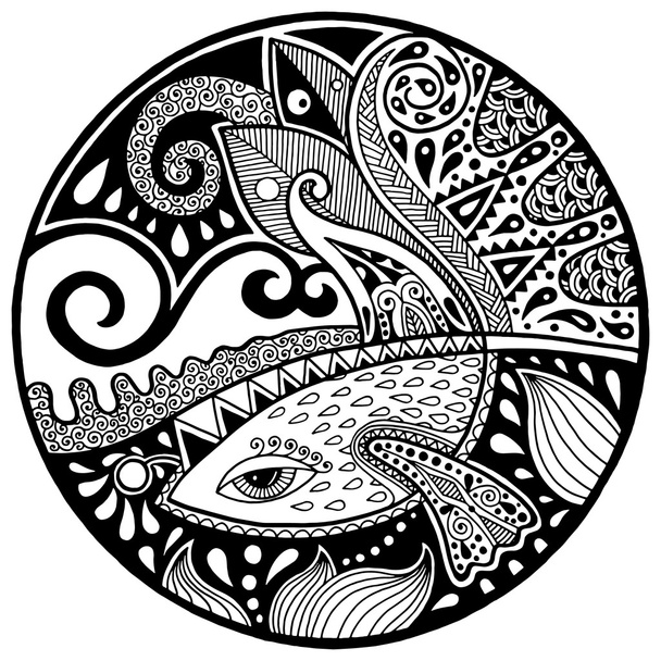 Black white abstract zendala with fish and waves on circle - Wektor, obraz