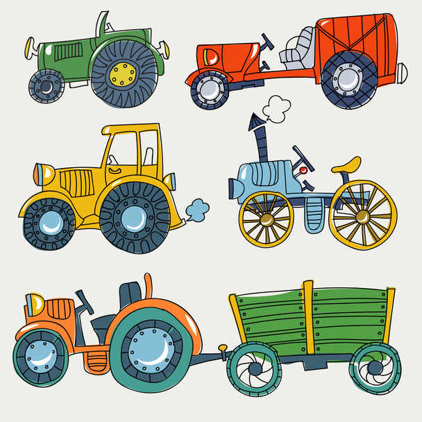  Doodle  agricultural tractors on a white background. - Vector, Image