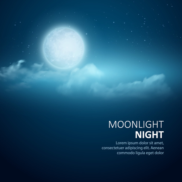 Night vector background, Moon, Clouds and shining Stars on dark blue sky - Vektor, obrázek