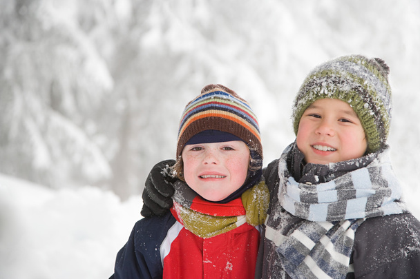 Fiúk a havas erdőben - Fotó, kép