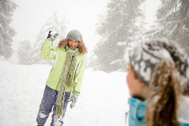 Κορίτσι με χιονοστιβάδας στο χιονισμένο δάσος - Φωτογραφία, εικόνα