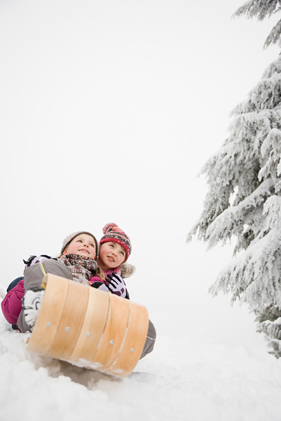 Tytöt kelkassa lumisessa metsässä
 - Valokuva, kuva