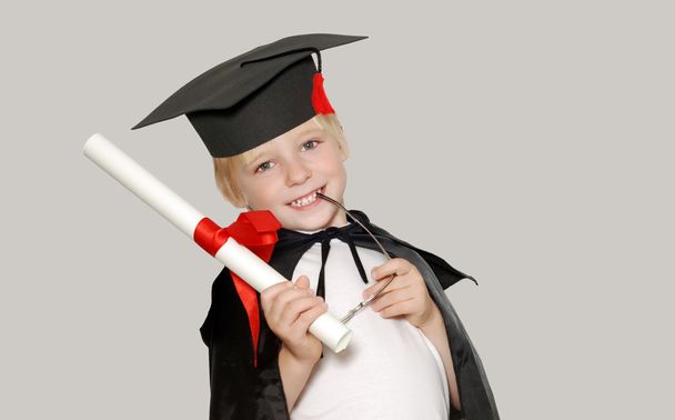 Schoolboy in graduation cap isolated - Fotoğraf, Görsel
