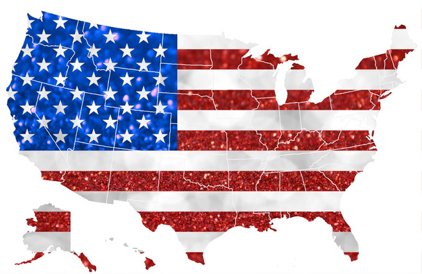 Mapu a národní vlajka Usa z jasných a abstraktní rozmazané pozadí s třpytící se třpytí - Fotografie, Obrázek