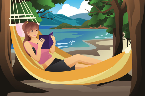 Mujer relajándose en una hamaca - Vector, imagen