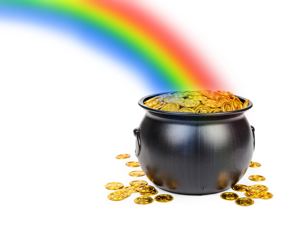 Topf gefüllt mit Goldmünzen und Regenbogen - Foto, Bild