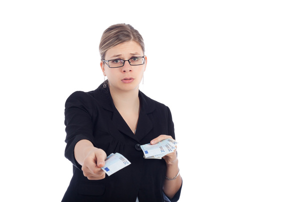 Unhappy woman give away Euro bank notes - Foto, Imagem