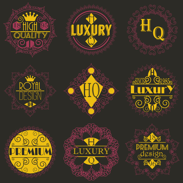 Retro Design Luxury Insignias Logotypes Template Set. Line Art Vector Vintage Style Victorian Swash Elements. Elegant Geometric Shiny Floral Frames. - Wektor, obraz