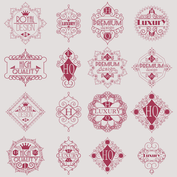 Diseño retro Lujo Insignias Logotipos Plantilla Conjunto. Line Art Vector Vintage Style Victorian Swash Elements. Elegantes marcos florales brillantes geométricos
. - Vector, imagen