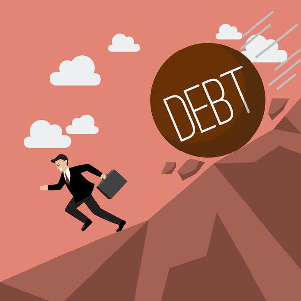 Businessman running away from heavy debt that is rolling down to - Vector, Image