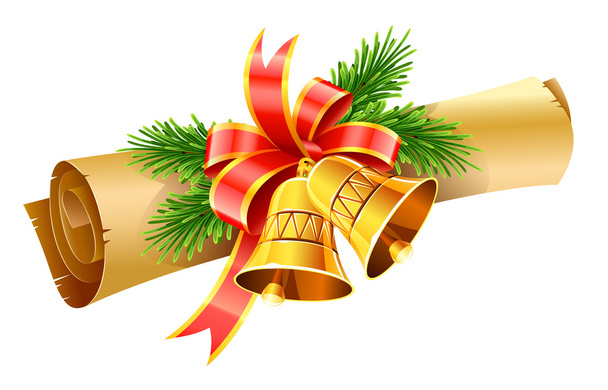 Gold christmas bells with red bow and paper scroll - Vector, Image