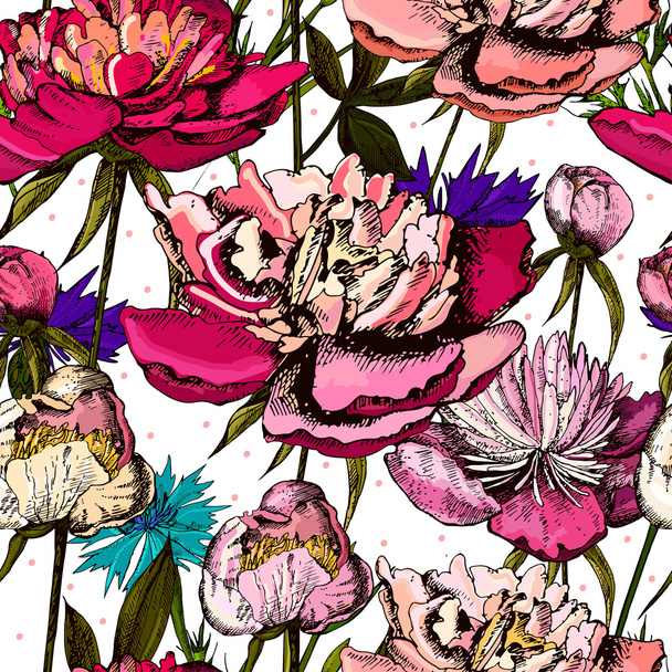 Colorful pattern with bright flowers and leaves of peony and cornflower.   - Vector, Image